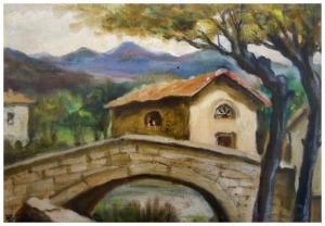 BOTTEGHI Ugo,Asciano Pisano chiesino S. Rocco, il ponte,1893,Saletta d'arte Viviani 2016-12-03