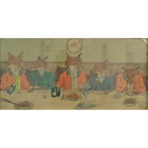 BOTTERILL Gladys M 1800-1800,Humorous study of hunt supper with foxes,1897,Dee, Atkinson & Harrison 2012-02-17