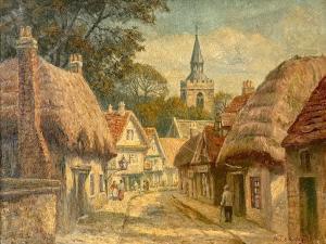 BOTTOMLEY FRED 1883-1960,Thatched cottages on a village street,David Lay GB 2023-08-24
