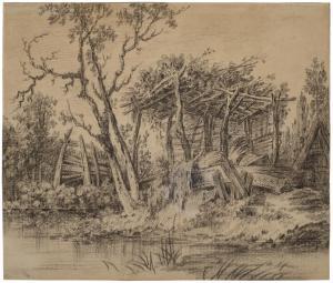 BOUCHER Francois 1703-1770,A wooden shelter in picturesque decay by a river,Christie's GB 2024-04-17