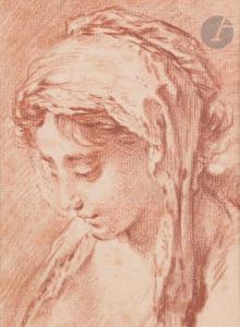 BOUCHER Francois 1703-1770,Jeune femme la tête penchée à gauche, coiffée d\’u,Ader FR 2024-03-22