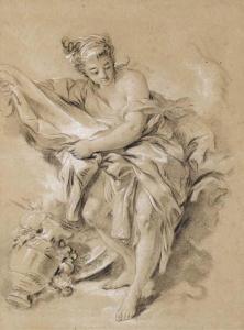 BOUCHER Francois 1703-1770,Une nymphe tenant une draperie, penchée vers la ga,Christie's 2005-06-22