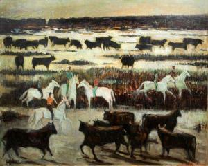 BOUDET Pierre 1800-1883,Chevaux et taureaux camarguais,Kapandji Morhange FR 2010-11-24