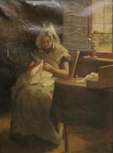 BOUDEWIJNSE Adriaan Joh. Petrus 1862-1909,Interiör med handarbetande kvinna i Zeelä,Uppsala Auction 2012-08-27