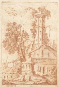 BOUDEWYNS / Adriaen F.II Frans 1673-1744,Altes Gebäudeensemble mit Turm.,Galerie Koller 2007-09-17