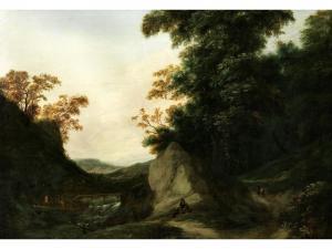 BOUDEWYNS Adriaen Frans 1644-1711,FELSIGE WALDLANDSCHAFT MIT WASSERSTURZ UND AR,17th century,Hampel 2023-09-28