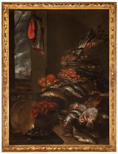 BOUILLON Michel 1638-1673,Natura morta di pesci con frutta e verdura e v,1646,Wannenes Art Auctions 2024-03-05