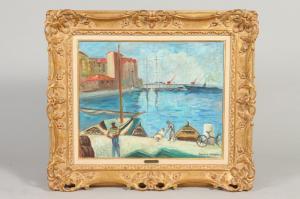 BOULARD DE VILLENEUVE Maxime,PORT SCENE WITH FIGURES AND DOCKED BOATS,Sloans & Kenyon US 2020-03-22