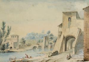 BOURGEOIS DU CASTELET Constant Florent F. 1767-1841,Vue pittoresque d'une ville le long d'u,Aguttes 2021-03-25