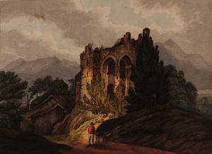 bourne j 1900-1900,Mountain landscape with figure and ruined abbey,Mallams GB 2015-11-18