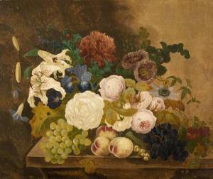 BOURNE Jan 1900-1900,Still life of flowers and fruit on aledge,Bonhams GB 2008-09-11
