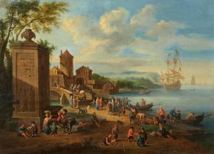 BOUT Pieter Jans 1658-1719,Buntes Treiben an einem Hafen vor einer befestigte,Lempertz DE 2023-11-18