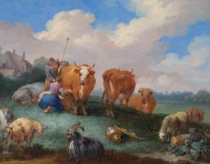 BOUT Pieter Jans 1658-1719,Shepherds with cattle and sheep in a landscape.,Galerie Koller 2016-03-22