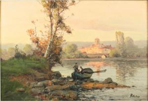 BOUVARD Antoine 1840-1920,VILLAGE AT THE BEND OF THE RIVER WITH BOATERS IN T,Potomack US 2024-02-08