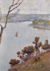 BOVILL Percy 1883-1907,A Sailing Boat on a River, with a Bridge in the di,John Nicholson 2019-05-29