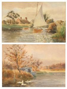 BOWLES William Leslie 1885-1954,Broads scene with eel catcher's boat and a compani,Keys 2018-04-27