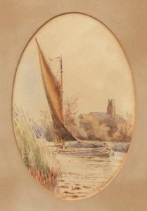 BOWLES William Leslie 1885-1954,Broads scene with wherry passing a church,Keys GB 2018-04-27