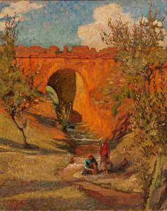 BOYER Otto 1874-1912,Flusslandschaft mit roter steinerner Brücke, davor,Zeller DE 2017-12-01