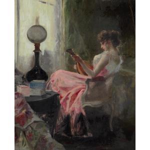 BRÉAUTÉ Albert 1853-1939,JOUEUSE DE MANDOLINE À LA ROBE ROSE,Tajan FR 2020-03-17