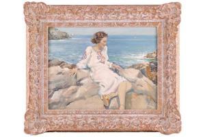 BRADBURY Arthur Royce,Woman in white dress seated on coastal rocks,Dawson's Auctioneers 2023-04-27