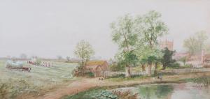BRADLEY Norman,Haytime ***, Harvest scene, church and pond,20th century,Morphets 2021-11-25