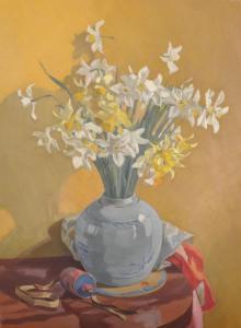Bramble A.V 1900,Daffodils in a Blue Vase on a Table,John Nicholson GB 2018-12-19