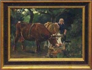 BRANDES Willy 1876-1956,Bäuerin mit zwei Kühen an der Tränke,Reiner Dannenberg DE 2021-12-09
