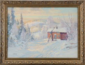 BRANDT Carl 1852-1930,Röda stugor i vinterlandskap,Uppsala Auction SE 2023-01-17
