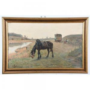 BRAQUAVAL Louis Edouard Joseph 1854-1919,Cheval se reposant près de la roulotte dans ,1888,Herbette 2022-12-11