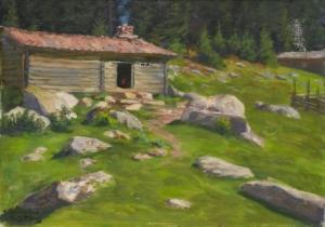 BRATLAND Jakob 1859-1906,Landskapsmotiv med timmerstuga,Uppsala Auction SE 2016-09-27