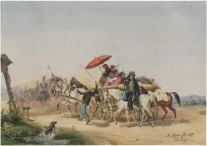 BRAUN Reinhold,Sommerliche Szene mit Pferdewagen und Kavallerie,1839,Galerie Bassenge 2020-06-03
