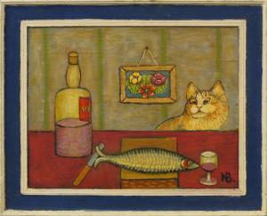 BRAY Norman,Still life of fish and wine, with cat on the prowl,Rosebery's GB 2016-02-06