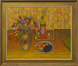 BRAY Norman,Still life of tulips in a vase, with wine and fruit on a table,Rosebery's GB 2016-02-06