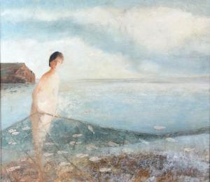 Brayne David 1954,landscape with female nude holding a fish net with,Ewbank Auctions GB 2019-10-24