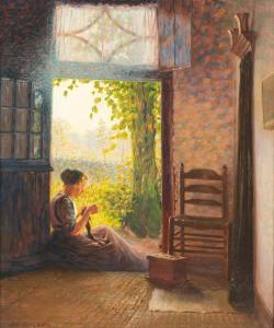BREMAN Co 1865-1938,A girl knitting by a sunny doorway, probably in 't,1910,Venduehuis NL 2023-05-24