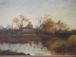 BREMAN Co 1865-1938,Church in countryside with river ducks in foreground,Cheffins GB 2018-08-23