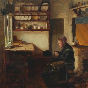 BRENDEKILDE Hans Andersen 1857-1942,Woman ribs Elderberries in a kitchen,Bruun Rasmussen 2014-11-03