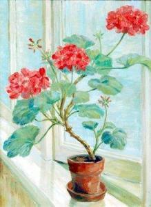 BRETTELL IRENE P,still life, geraniums in a plant pot on a ,Fieldings Auctioneers Limited 2010-05-08