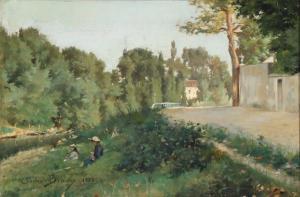 BRICOUX Jules Charles,View from a French town with two girls sitting by ,Bruun Rasmussen 2019-08-19