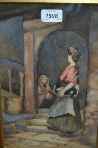 BRIGHT Constance M 1905-1937,Two figures by an arched doorway,Lawrences of Bletchingley 2016-11-29