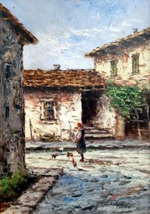 BRIOSCHI ANTONIO 1855-1920,Cortile rurale con figura e galline,Pirone Casa d'Aste IT 2020-12-01