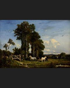 BRISSOT DE WARVILLE Felix Saturnin 1818-1892,CHEVAUX DANS LA PRAIRIE,Besch Cannes Auction 2023-08-15