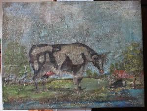 BRITISH SCHOOL,A naive painting of a cow and calf at the side of a lake,Mallams GB 2015-11-16