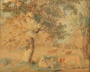 BRITISH SCHOOL,a pastoral scene with cattle and figures,Mallams GB 2014-10-29