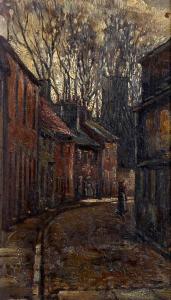 BRITISH SCHOOL,A street lined with houses, figure and church beyond,1900,Bonhams GB 2013-02-05