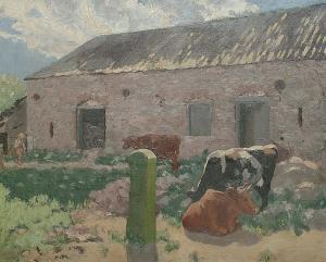 BRITISH SCHOOL,A sunlit view of cows by a barn,Bonhams GB 2005-06-07