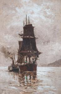 BRITISH SCHOOL,A three-masted brig being escorted by a paddle tug,1886,Charles Miller Ltd 2015-11-03