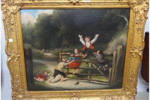 BRITISH SCHOOL,Children playing on a gate,Bellmans Fine Art Auctioneers GB 2015-08-05
