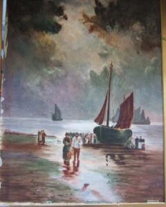 BRITISH SCHOOL,Coastal scene with fishing folk and boa,1918,Bellmans Fine Art Auctioneers 2007-03-21
