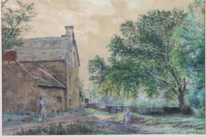 BRITISH SCHOOL,Figures amongst a rural farm setting with trees in foreground,Denhams GB 2013-08-07